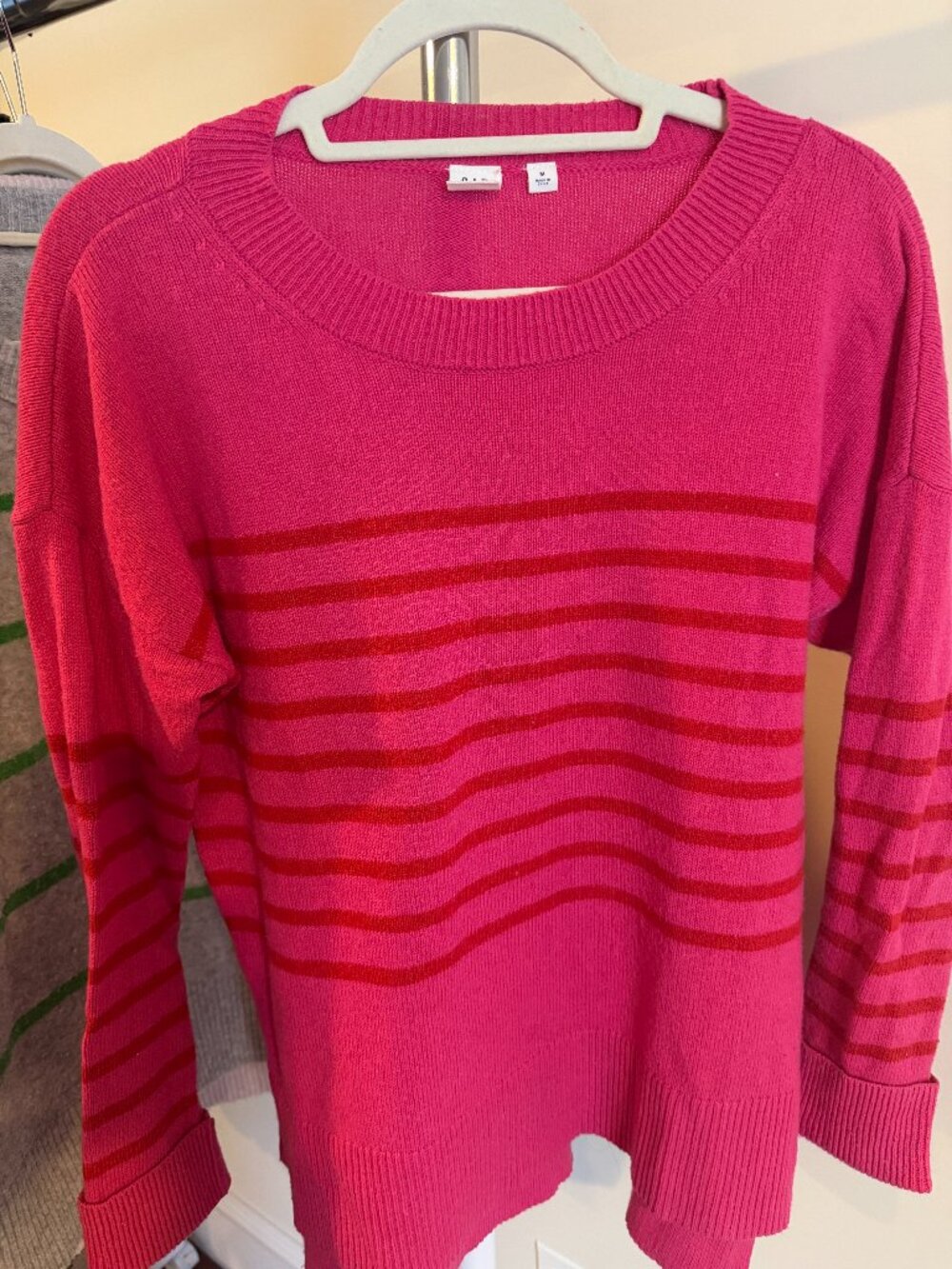 GAP Bright Pink Stripe Sweater Wool Blend Relaxed Fit Medium